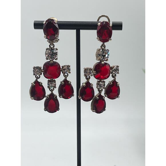 Beautiful Vintage Signed Red Clear Rhinestone Chandelier Clip On Earrings - Picture 14 of 16
